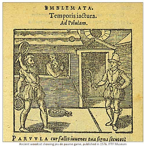 Ancient woodcut showing a game of Jeu de Paume, published in 1576