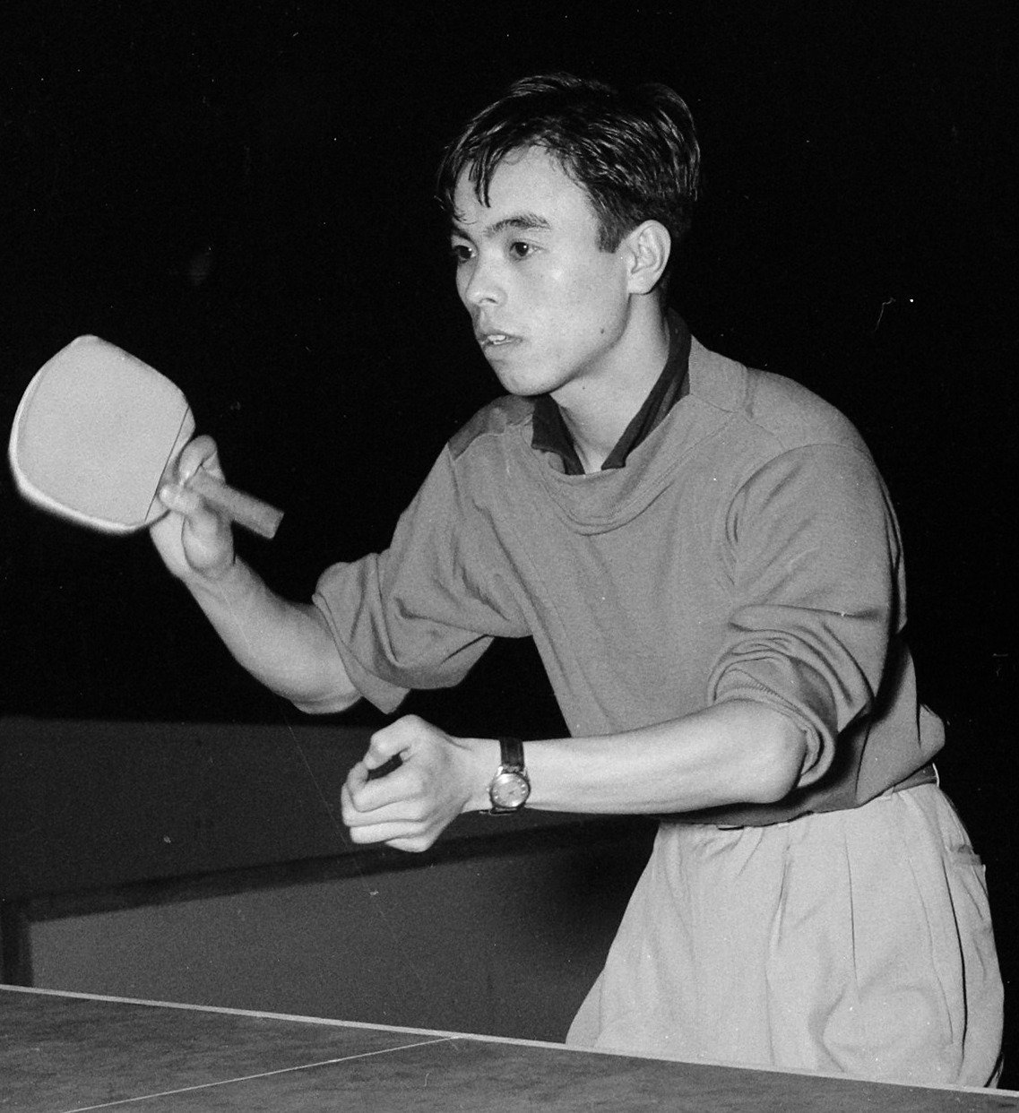 Japanese table tennis champion Ichiro Ogimura playing in 1955